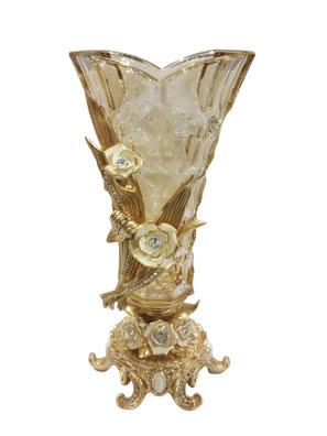 Bình hoa Cevik Cream Roses trang trí hoa hồng phủ vàng đính kim cương Swarovski