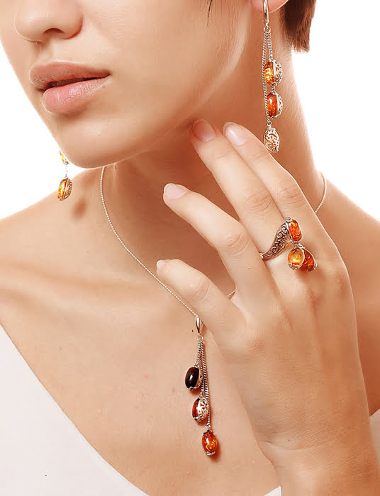 Nhẫn trang sức Amber Jewelry bằng bạc 22K đính đá hổ phách màu cognac (Casablanca 15.5) phủ kim loại Rhodium - 606308098
