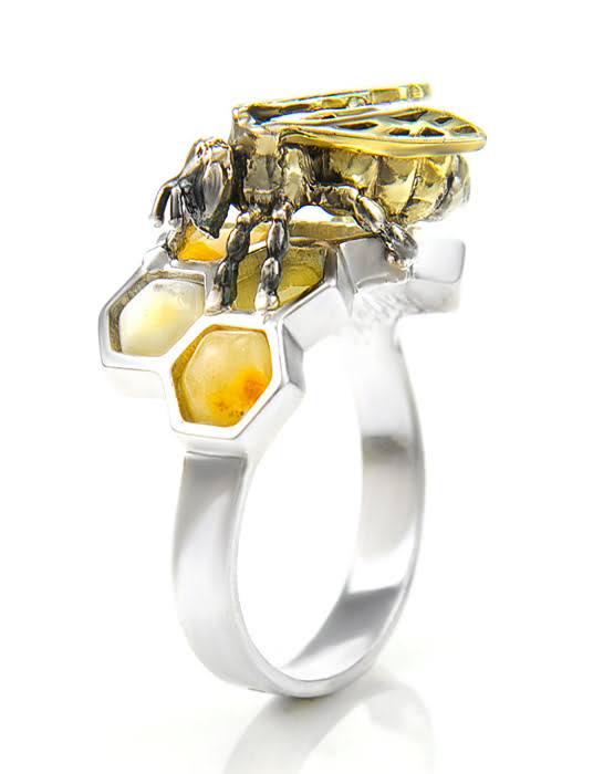Nhẫn trang sức Amber Jewelry bạc 22K đính đá hổ phách màu sữa (Winnie the pooh 16) phủ kim loại Rhodium - 706302138