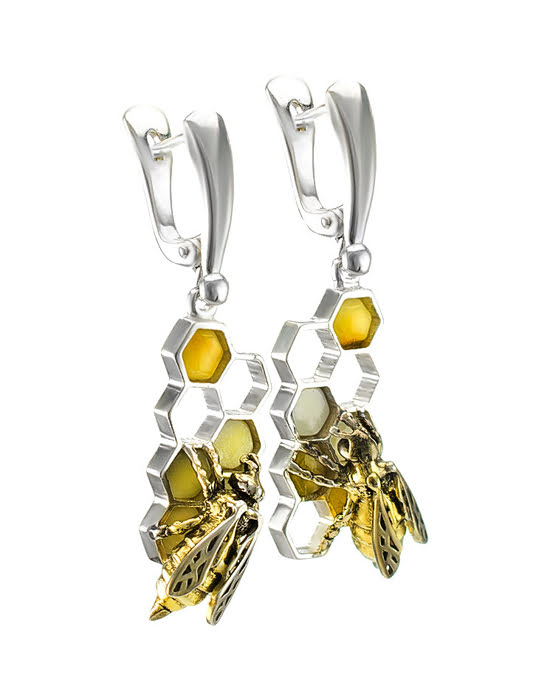 Bông tai trang sức Amber Jewelry bạc 22k đính đá hổ phách thiên nhiên (Winnie the pooh) phủ vàng - 706502139
