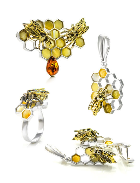 Bông tai trang sức Amber Jewelry bạc 22k đính đá hổ phách thiên nhiên (Winnie the pooh) phủ vàng - 706502139