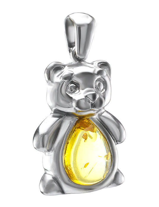 Mặt dây chuyền Amber Jewelry trang sức bạc 22K đính đá hổ phách thiên nhiên màu chanh (Kotopez bear cup) - 701707133