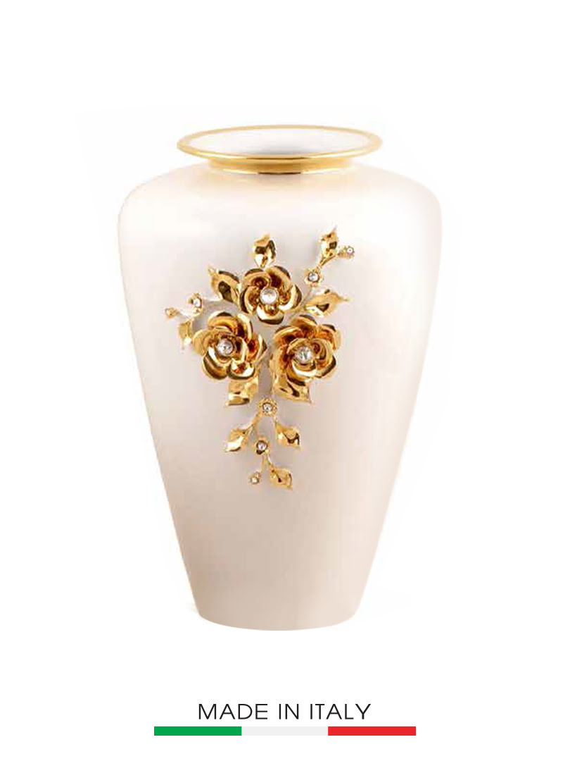 Bình hoa trắng phủ vàng có tay cầm gắn hoa mạ vàng lớn BC-ST753.1-BO