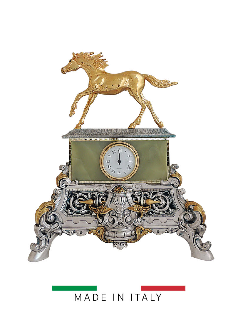 Vật trang trí hình đồng hồ tự do xanh với ngựa vàng bằng bột đá Goldline Italia - 16613G-MS/ONV