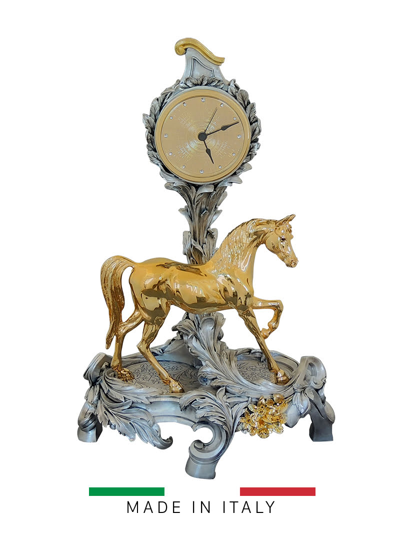 Vật trang trí hình đồng hồ tự do xanh với ngựa vàng bằng bột đá Goldline Italia - 16622G-MS