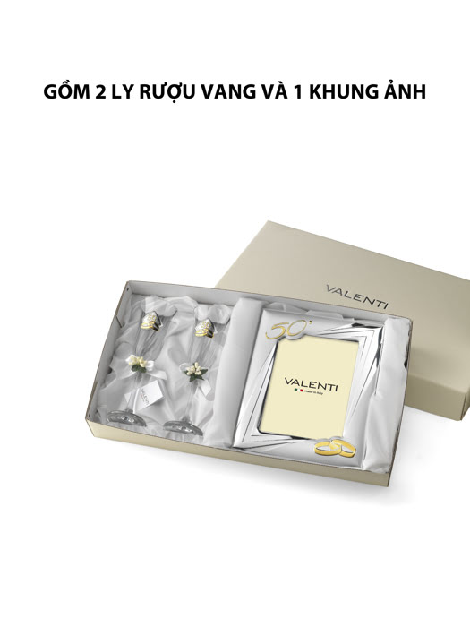 Đồ trang trí quà tặng kỉ niệm 50 năm đám cưới vàng (2 ly thủy tinh + khung ảnh 13x18) mạ bạc hiệu VALENTI  - 16505