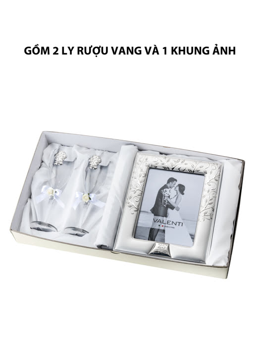 Đồ trang trí  quà tặng cuộc sống kỉ niệm 25 năm đám cưới bạc (2 ly thủy tinh + khung ảnh 13x18) mạ bạc hiệu VALENTI  - 16524
