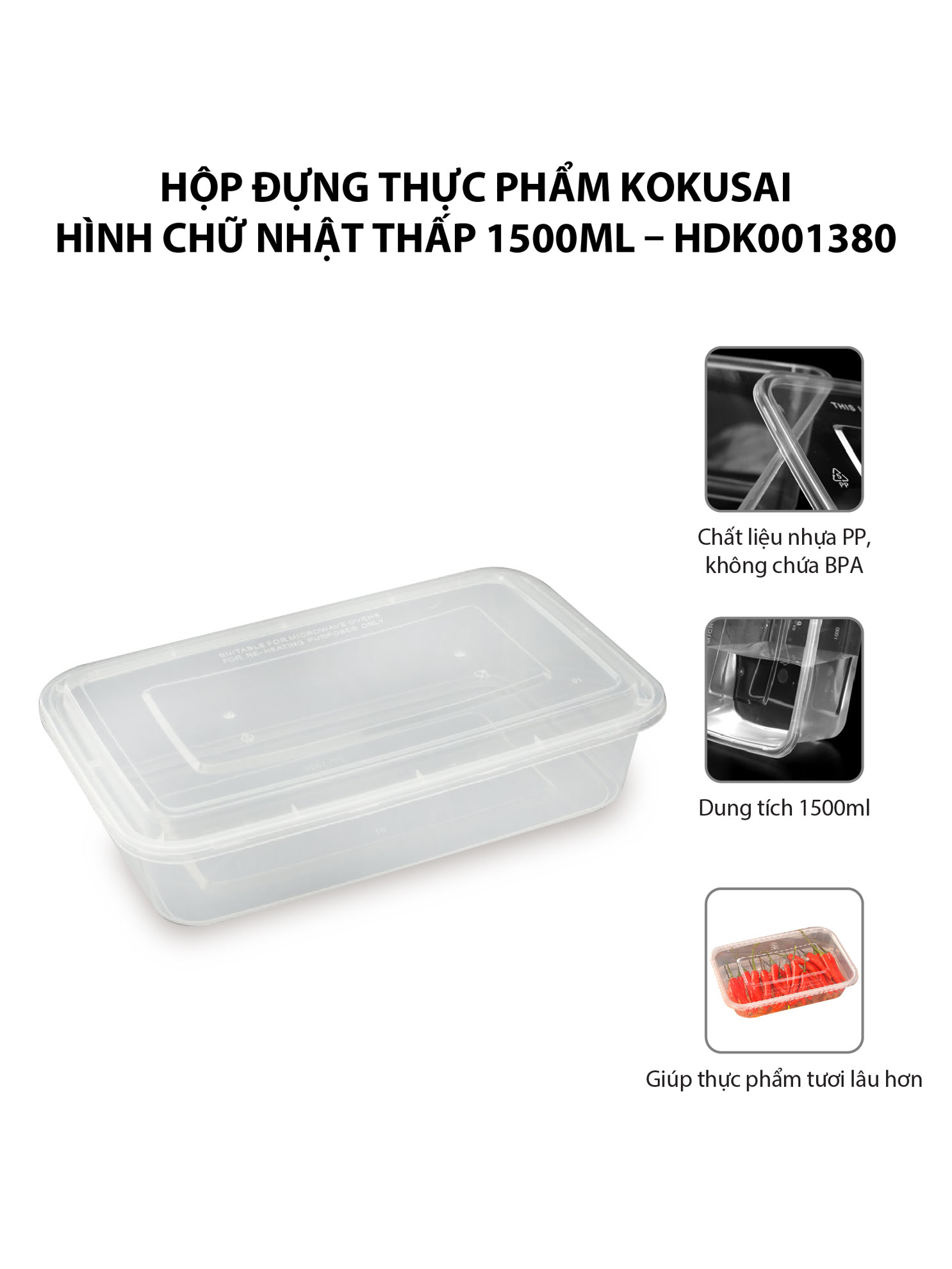 Hộp đựng thực phẩm Kokusai Hình chữ nhật thấp 1500ml – HDK001380