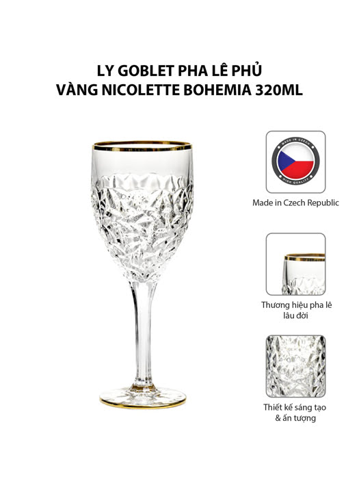 Bộ 6 ly goblet pha lê phủ vàng Nicolette Bohemia 320ml | Moriitalia