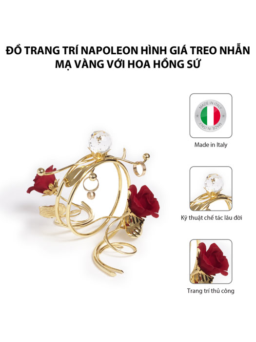 Đồ trang trí Napoleon hình giá treo nhẫn mạ vàng với hoa hồng sứ ...
