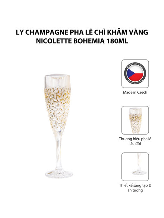 Bộ 6 ly champagne pha lê chì khảm vàng Nicolette Bohemia 180ml | Moriitalia