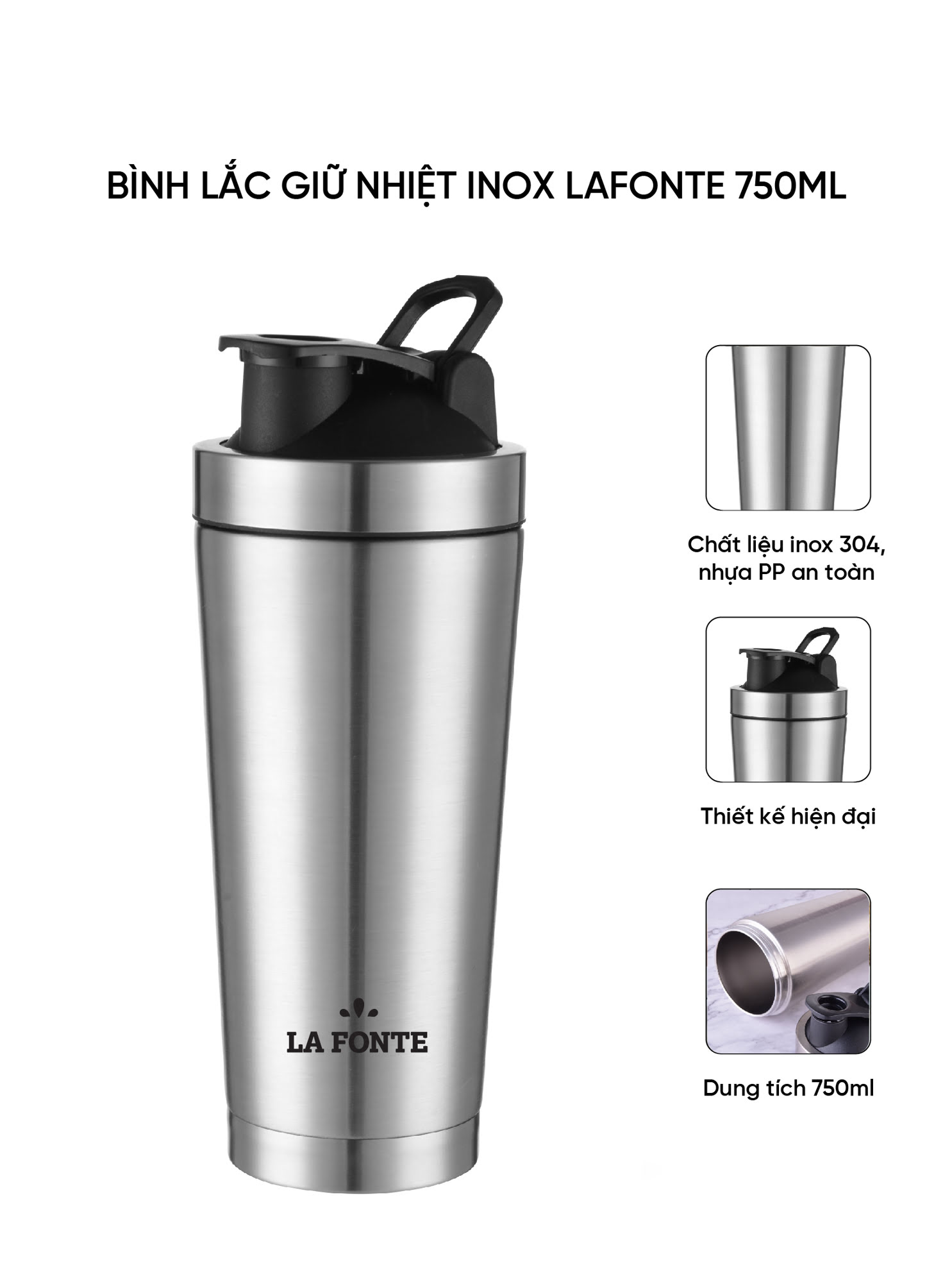 Bình lắc giữ nhiệt shaker inox 750ml La Fonte - 001755 