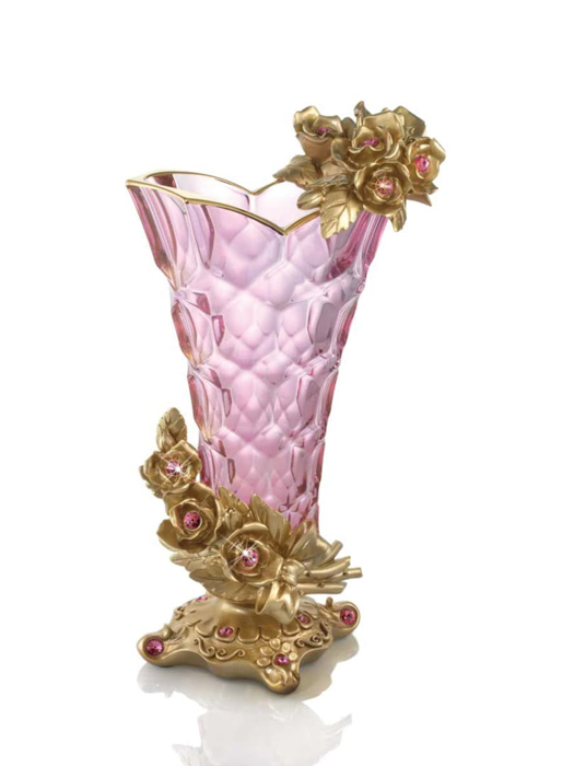 Bình hoa pha lê màu hồng, phủ vàng 24k gắn hoa hồng và kim cương swarovski Cevik 3NT.VHR/141/O