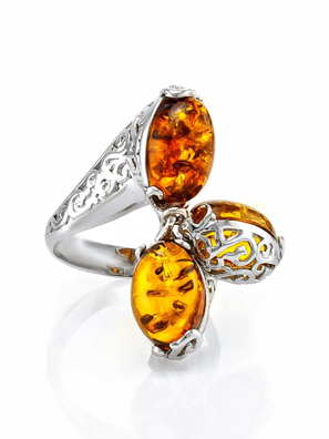 Nhẫn trang sức Amber Jewelry bạc 22K đính đá hổ phách màu cognac (Casablanca 15.5) phủ kim loại Rhodium - 606308098