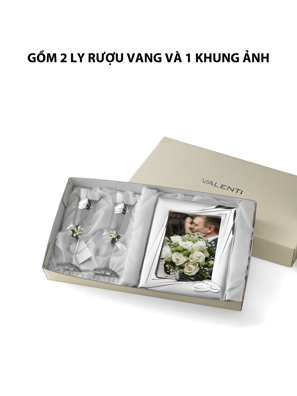 Đồ trang trí quà tặng cưới (2 ly thủy tinh + khung ảnh 13x18) mạ bạc hiệu VALENTI  - 16503