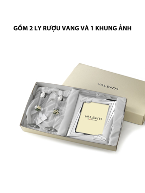Đồ trang trí quà tặng kỉ niệm 25 năm đám cưới bạc (2 ly thủy tinh + khung ảnh 13x18) mạ bạc hiệu VALENTI  - 16504