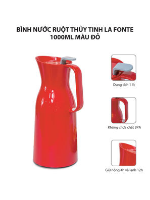 Bình nước ruột thủy tinh La Fonte 1000ml màu đỏ-006767R