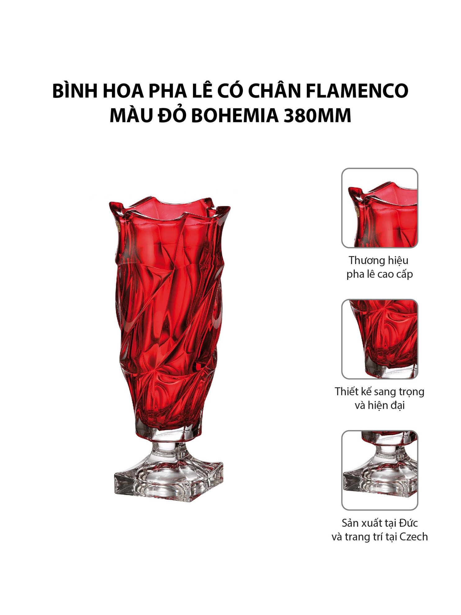 Bình hoa pha lê có chân Flamenco màu đỏ Bohemia 380mm