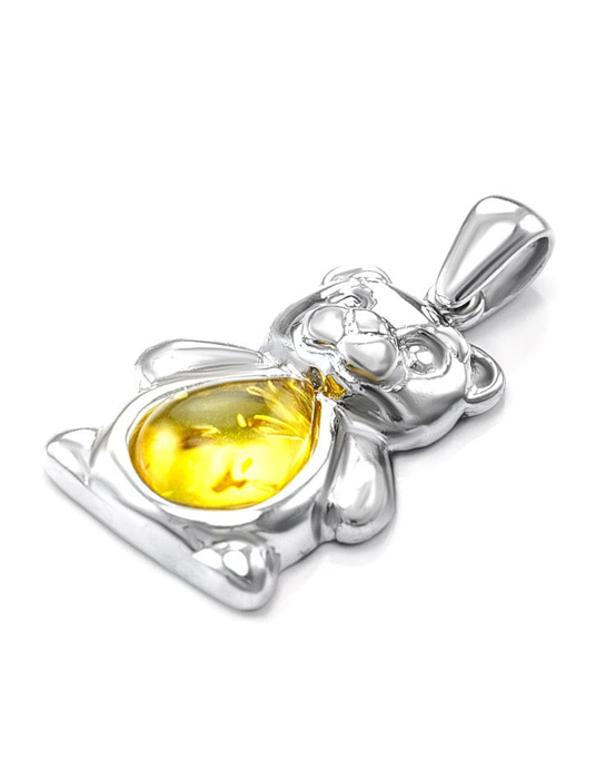 Mặt dây chuyền Amber Jewelry trang sức bạc 22K đính đá hổ phách thiên nhiên màu chanh (Kotopez bear cup) - 701707133