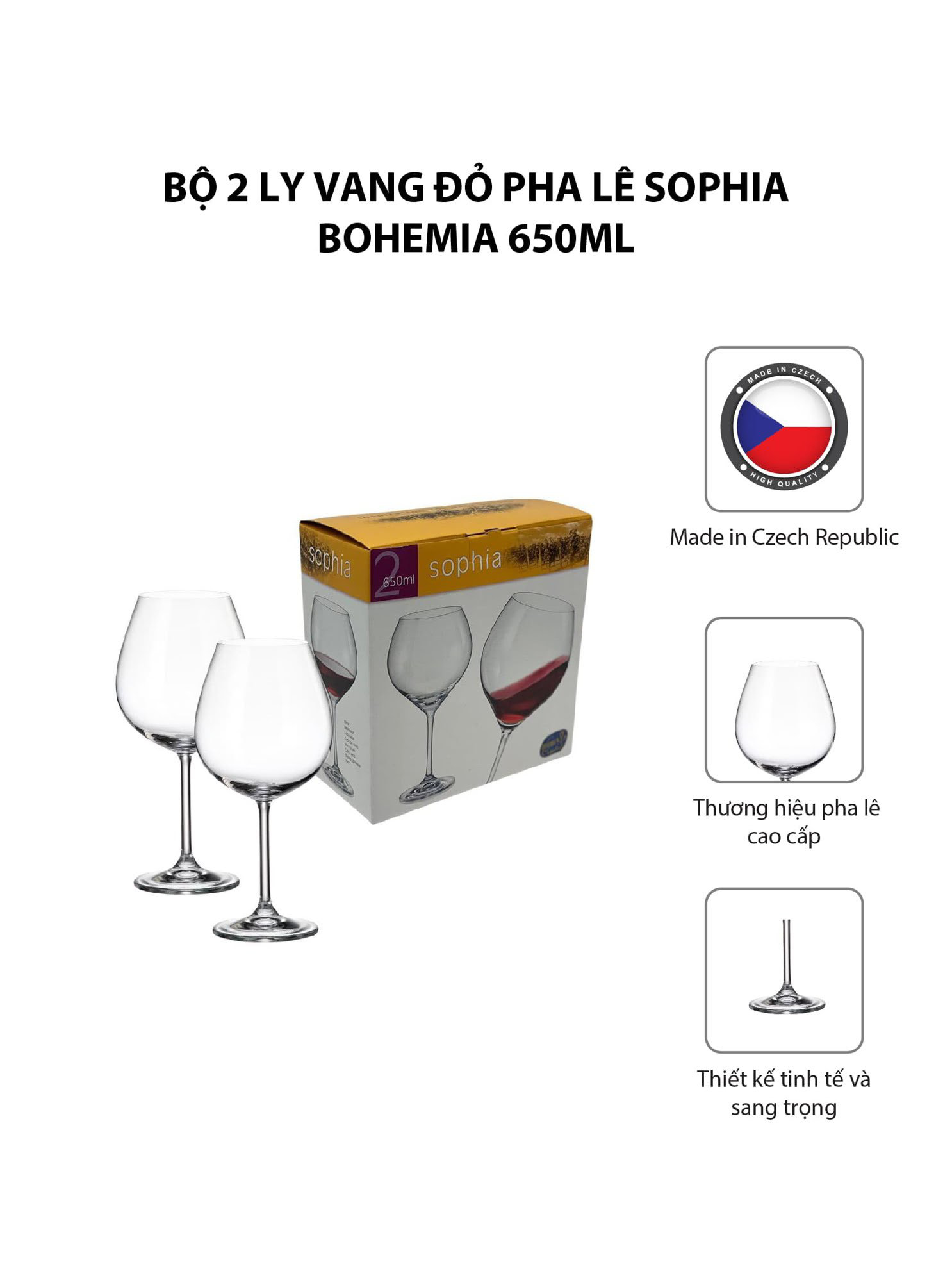 Bộ 2 ly vang đỏ pha lê Sophia Bohemia 650ml