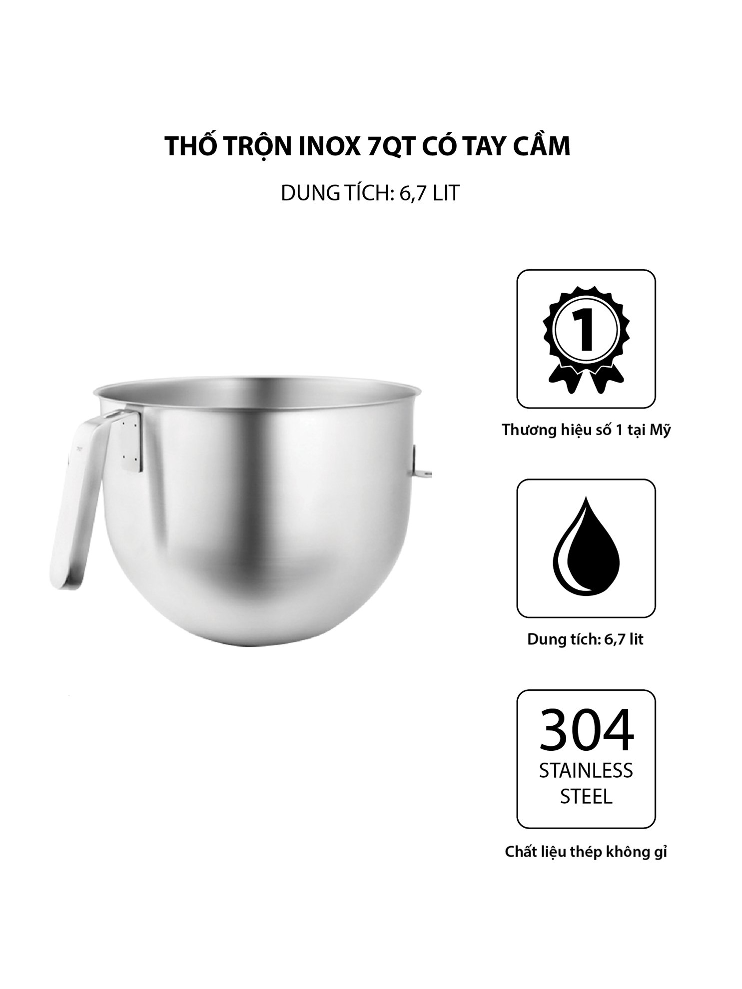 Thố trộn inox 7QT (6,7l) có tay cầm KitchenAid  KSMC7QBOWL