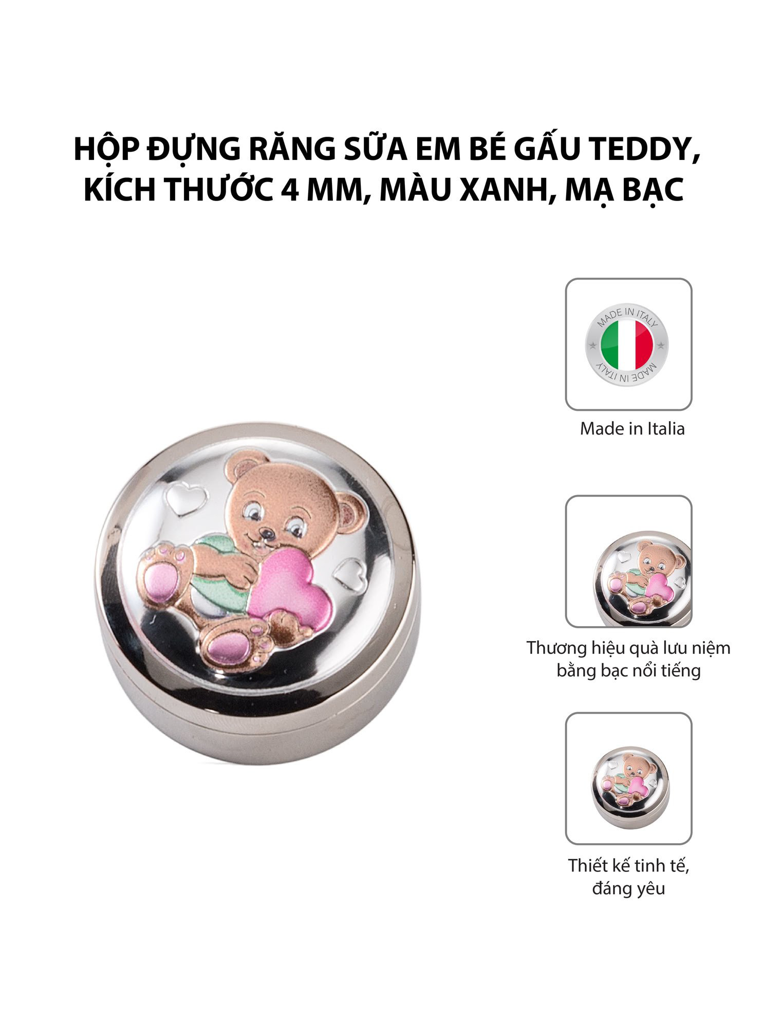 Hộp đựng răng sữa em bé gấu Teddy,kích thước 4 mm,màu xanh mạ bạc hiệu VALENTI  - 21156C