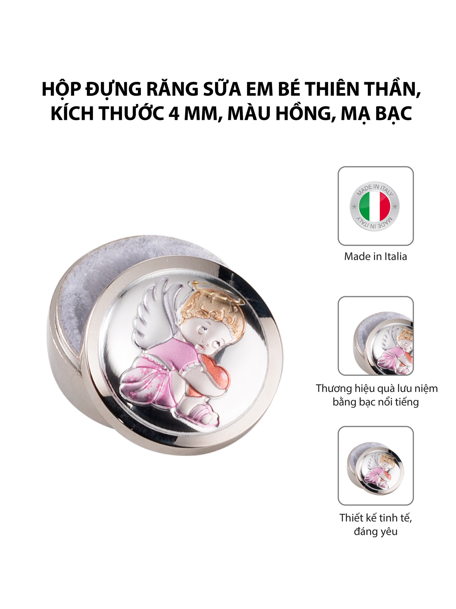 Hộp đựng răng sữa em bé Thiên thần,kích thước 4 mm,màu hồng mạ bạc hiệu VALENTI  - 21158RA