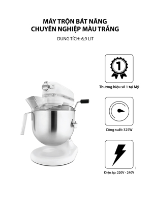 Máy trộn Bát nâng chuyên nghiệp 6.9l màu trắng KitchenAid - 5KSM7590WWH