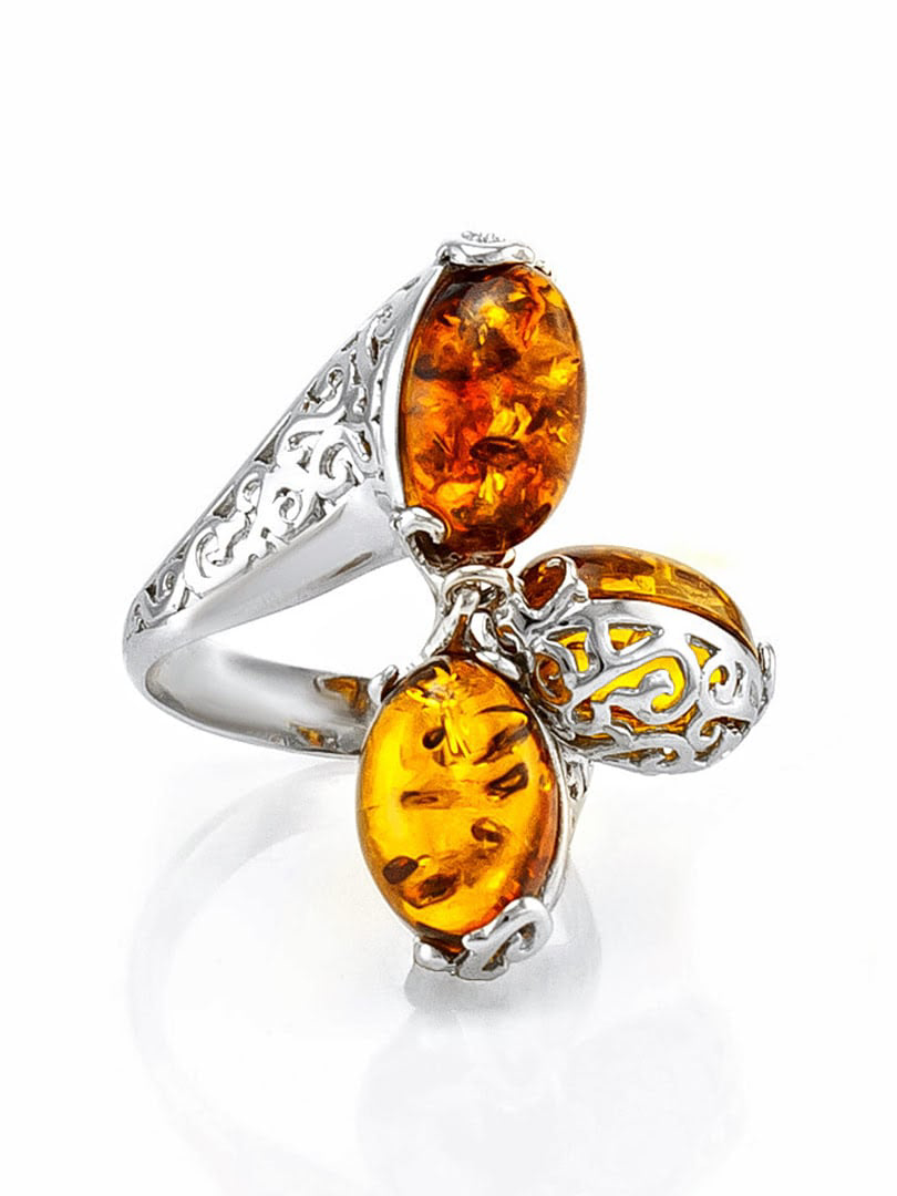 Nhẫn trang sức Amber Jewelry bạc 22K đính đá hổ phách màu cognac (Casablanca 15.5) phủ kim loại Rhodium - 606308098