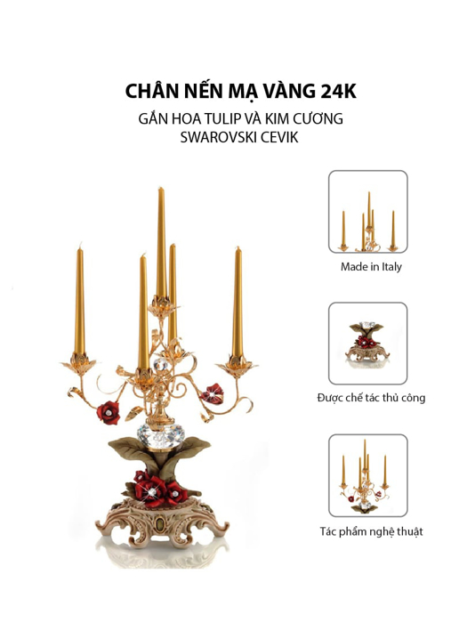 Chân nến mạ vàng 24K gắn hoa tulip và kim cương Swarovski Cevik 3NI.PC5/100/OW