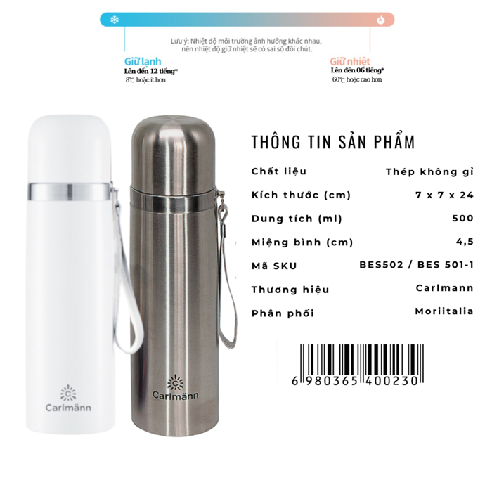 Bình Giữ Nhiệt Nóng Lạnh Carlmann BES-502-1 Vacuum Flask 500ml - Chính hãng Moriitalia