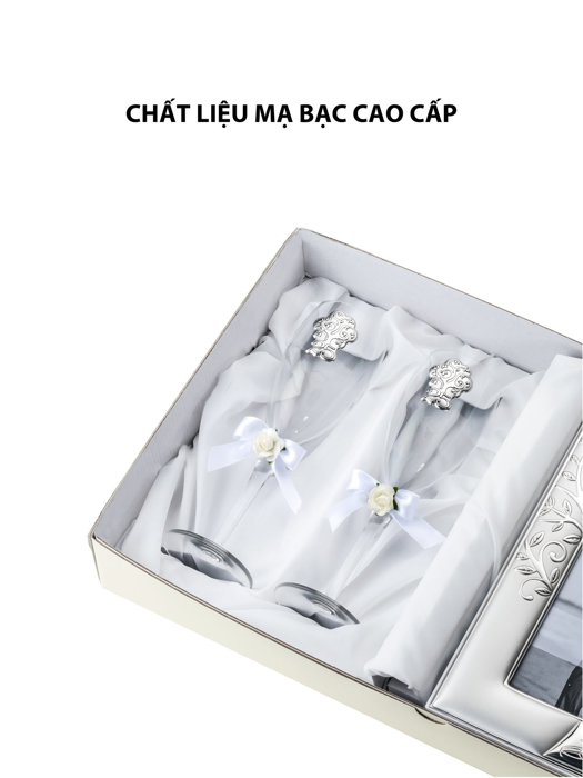 Đồ trang trí  quà tặng cuộc sống kỉ niệm 25 năm đám cưới bạc (2 ly thủy tinh + khung ảnh 13x18) mạ bạc hiệu VALENTI  - 16524