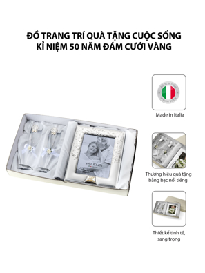 Đồ trang trí  quà tặng cuộc sống kỉ niệm 50 năm đám cưới vàng (2 ly thủy tinh + khung ảnh 13x18) mạ bạc hiệu VALENTI  - 16525