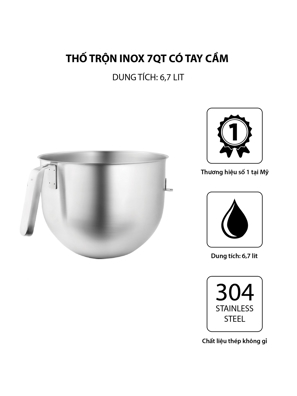 Thố trộn inox 7QT (6,7l) có tay cầm KitchenAid  KSMC7QBOWL