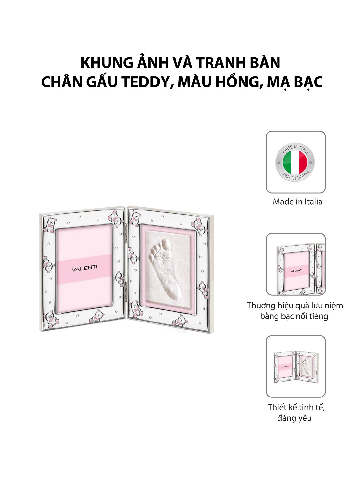 Khung ảnh và tranh bàn chân gấu Teddy,màu hồng-xanh,kích thước 9x13 mạ bạc hiệu VALENTI  - 731403LRA