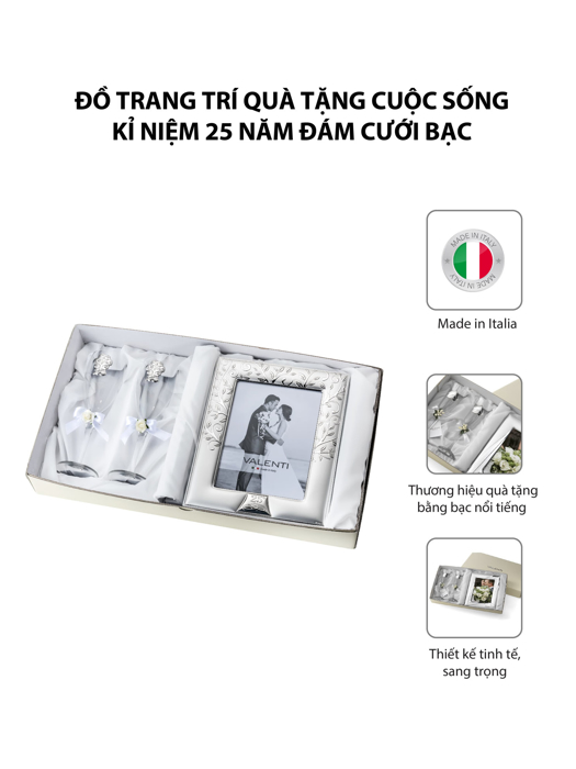 Đồ trang trí  quà tặng cuộc sống kỉ niệm 25 năm đám cưới bạc (2 ly thủy tinh + khung ảnh 13x18) mạ bạc hiệu VALENTI  - 16524