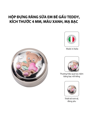 Hộp đựng răng sữa em bé gấu Teddy,kích thước 4 mm,màu xanh mạ bạc hiệu VALENTI  - 21156C