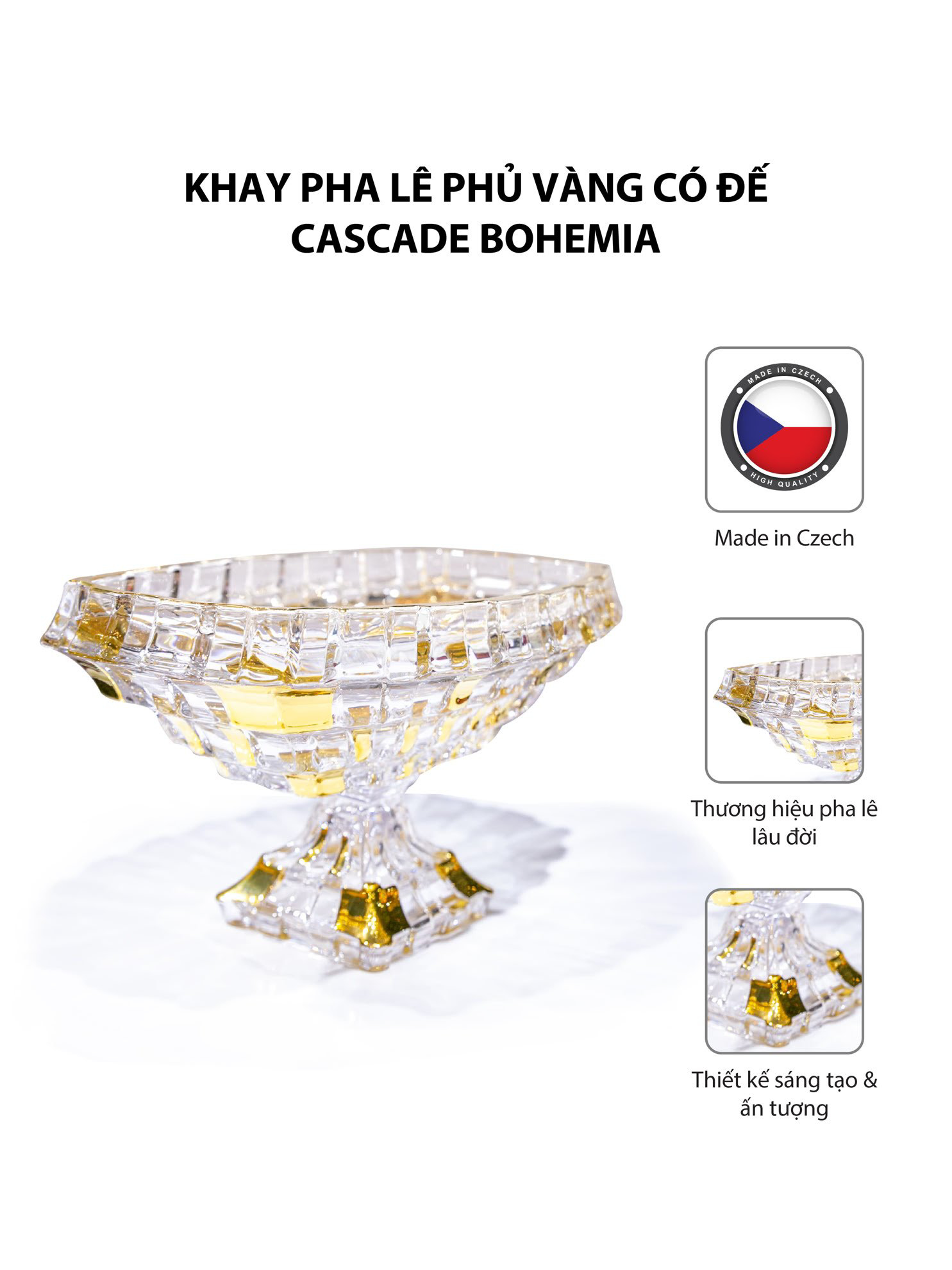 Khay pha lê phủ vàng có đế Cascade Bohemia