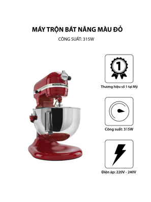 Máy trộn Bát nâng 4.8l màu đỏ KitchenAid 5KPM5EER