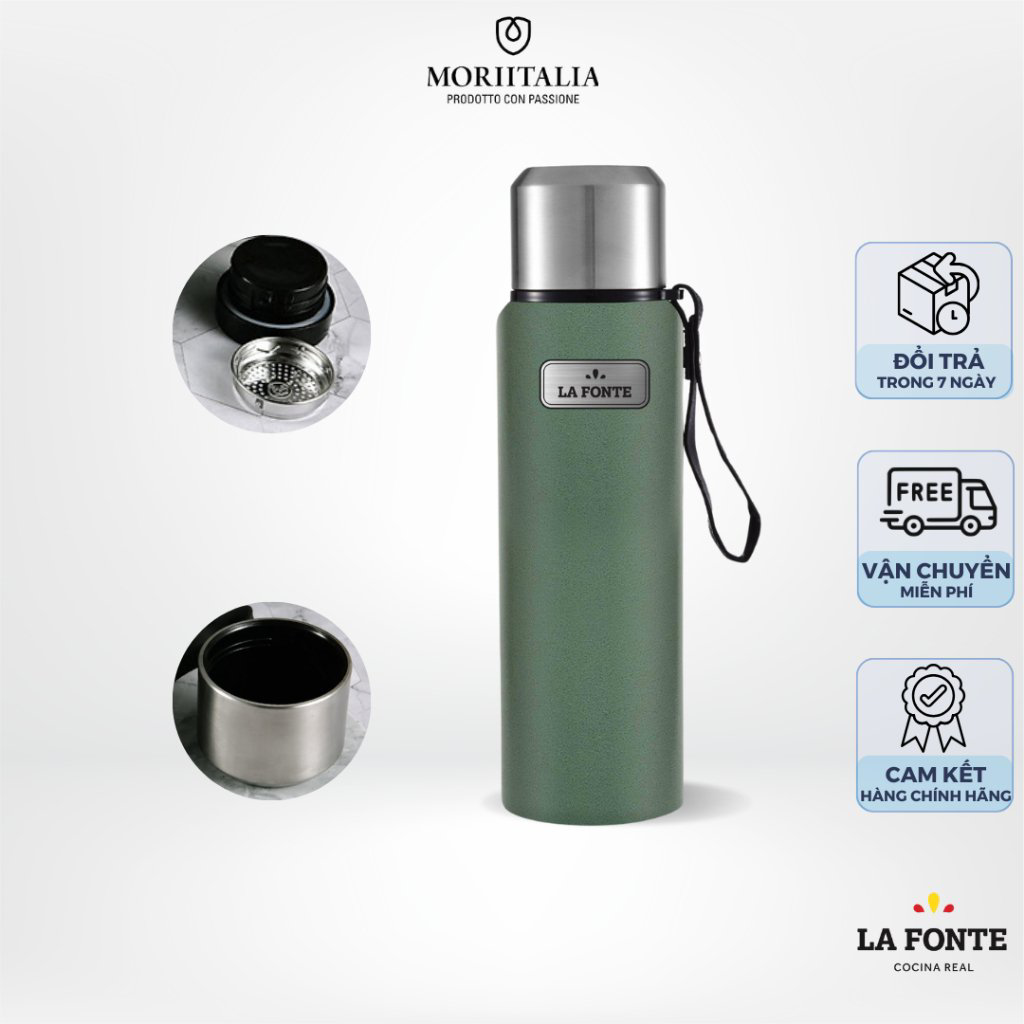Bình giữ nhiệt Vintage LA FONTE 1500ml, Thép không gỉ SUS304, nắp làm cốc uống nước - Chính hãng MORIITALIA 007412