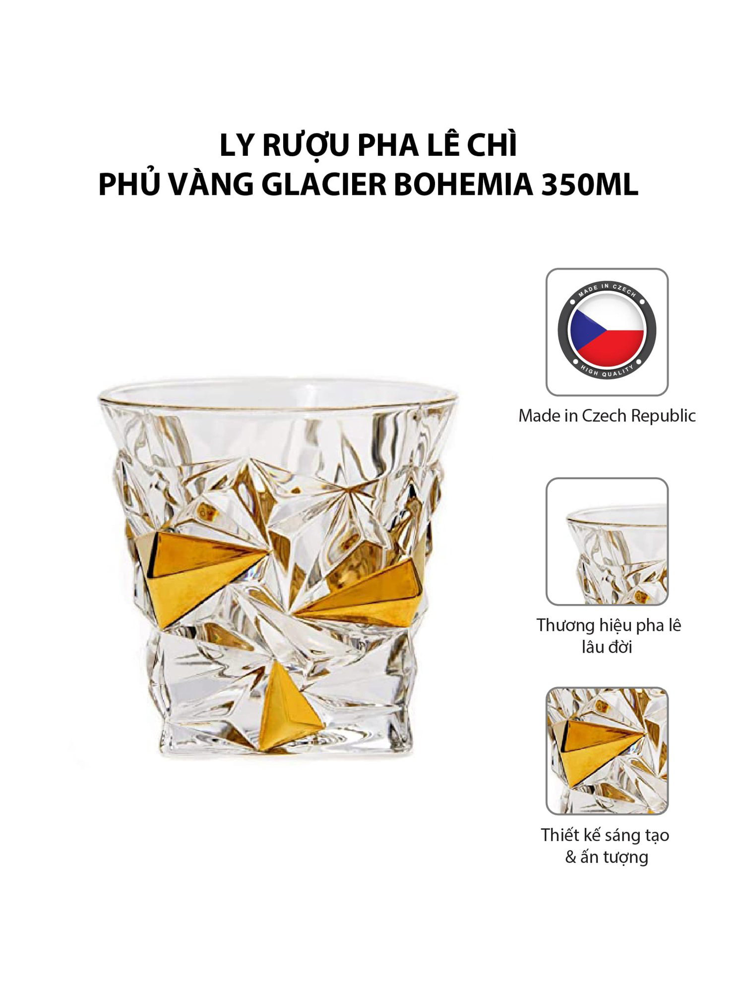 Bộ 6 ly rượu pha lê chì phủ vàng Glacier Bohemia 350ml