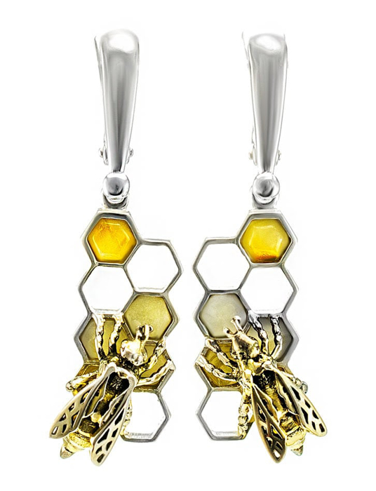 Bông tai trang sức Amber Jewelry bạc 22k đính đá hổ phách thiên nhiên (Winnie the pooh) phủ vàng - 706502139