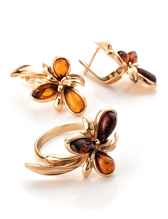 Bông tai trang sức Amber Jewelry bạc đính đá hổ phách màu cognac Cypress 16 phủ vàng - 710110039