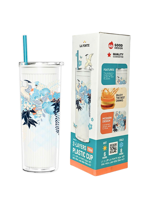 Ly 2 Lớp La Fonte Họa Tiết Sắc Hoa Lam Kèm Ống Hút 700ML-015646-BLU
