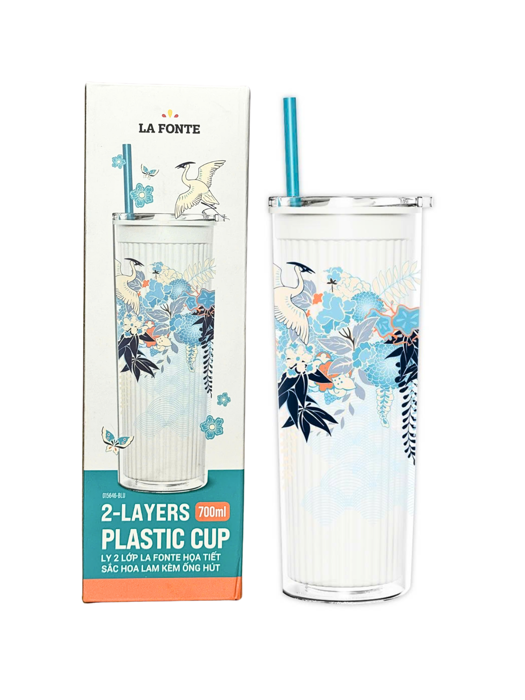 Ly 2 Lớp La Fonte Họa Tiết Sắc Hoa Lam Kèm Ống Hút 700ML-015646-BLU