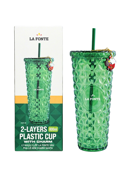 Ly Nhựa 2 lớp La Fonte Vân Pha Lê Kèm Charm Santa-800ML-015691-GRE