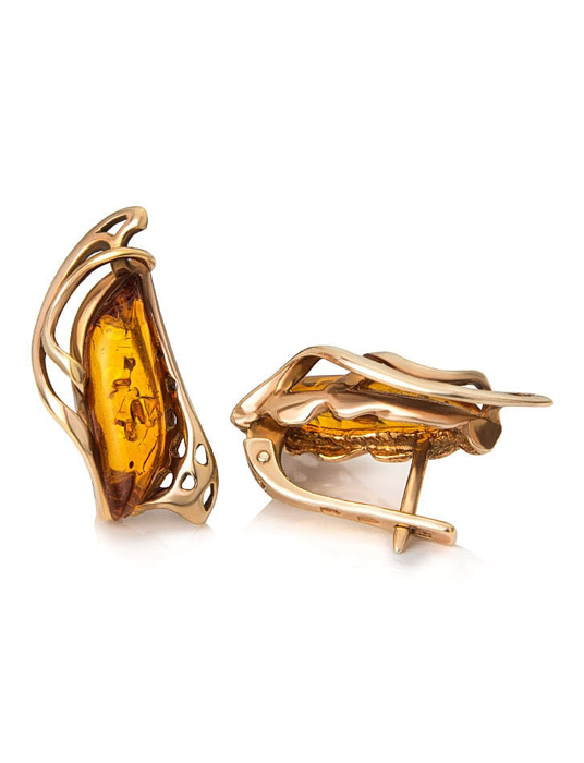 Bông tai trang sức Amber Jewelry bạc 22K đính đá hổ phách màu cognac (illusion) phủ vàng - 710110031