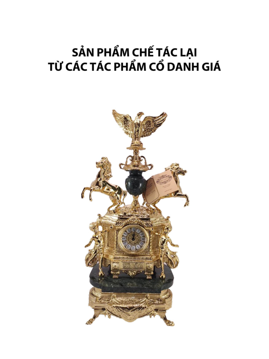 Đồng hồ với chim ưng, 2 con ngựa và 2 cậu bé bằng đồng mạ vàng, kết hợp với đá OLYMPUS538