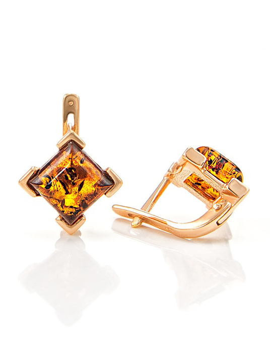 Bông tai trang sức Amber Jewelry bạc 22K đính đá hổ phách thiên nhiên màu cognac (Artemis) phủ vàng - 710106040