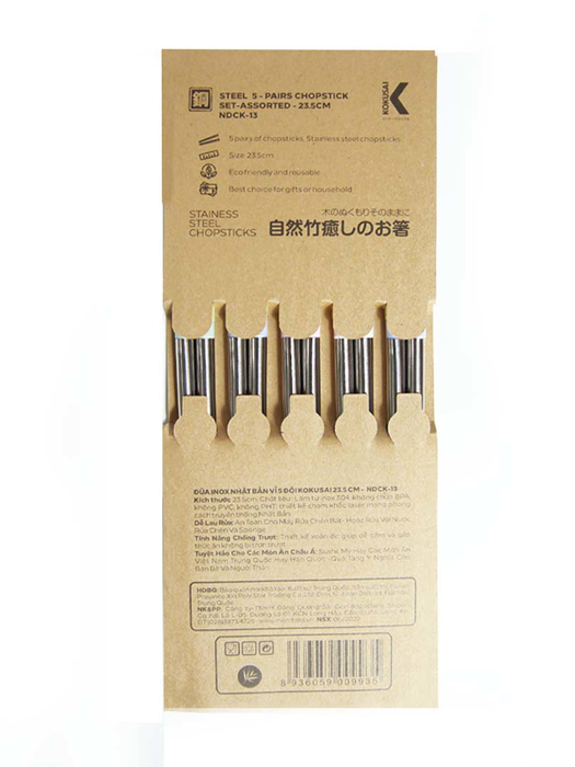 Đũa inox Nhật Bản vỉ 5 đôi Kokusai 23.5cm NDCK-13